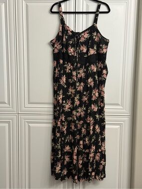 torrid Size 3X Black Floral Maxi Rayon Slub Lace-Up Tiered Dress Sleeveless